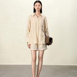 Sunny Yellow Striped Linen Wrap Shirt & Shorts Set: Crinkle-Textured Summer Beachwear Ensemble