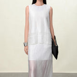 Elegant Acetate Textured Sleeveless Tank Top for Women - Beige & Gray Blouse Options