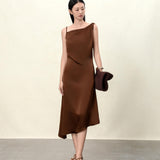 Elegant Brown / Black Asymmetrical Midi Slip Dress with Twisted Straps for Women - Coffee-Colored Acetate Cocktail Gown