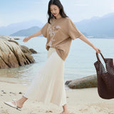 Elegant Beige Pleated Midi Skirt for Women - Vertical Structured Design with Ivory Option