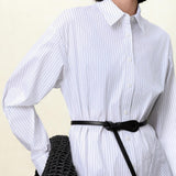 White Vertical Stripe Shirt Dress | Slimming Cotton-Blend | Longline Office-to-Resort Wear