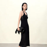 Elegant Black Sheer Linen-Blend Summer Slip Dress | Semi-Transparent Lightweight Beach Cover-Up